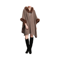 Gihuo Cape Poncho de luxe en laine tissée à capuche en fourrure de lapin à manches régulières pour femmes