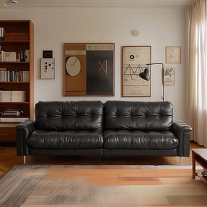 Retro Black Genuine Leather Nebula Sofa, Mid-century Designer 3-seater Down-filled Straight Couch for Small Living Room - Product Image 1