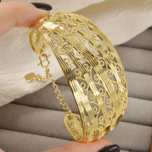 luxury fine custom women vintage filigree scroll hollow wide cuff 18k gold plated anti tarnish <b>bangles</b> <b>bracelets</b> - Product Image 1