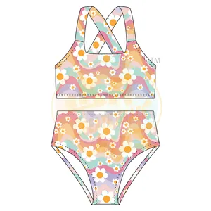 Individueller Sommer Kinder Bikinis Blume bedruckt Kleinkind-Badeanzug Mädchen ärmellos rückenfrei niedliches badeanzug-Set Baby Strand-Badeanzug