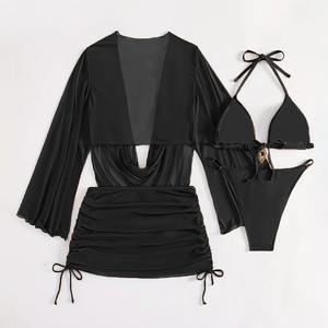 Traje de Baño Sexy con Logo Personalizado <span class=keywords><strong>en</strong></span> Color Marrón y Negro, Traje de Baño de Tres Piezas con <span class=keywords><strong>Tanga</strong></span> de Anillo y Corte Alto para Mujer, Traje de Baño para Chicas Gorditas - Product Image 5