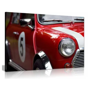 Lukisan mobil Seni kanvas Mini Cooper klasik merah gambar cetak dekorasi rumah lukisan mobil Seni kanvas dinding modern