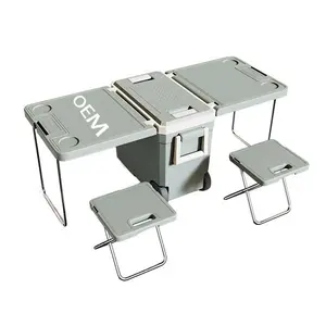 Caja de refrigeración con aislamiento duro de plástico plegable grande y caliente personalizada con mesa y sillas, conjunto de equipo para exteriores, accesorios de camping