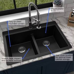 Lavello da <span class=keywords><strong>cucina</strong></span> a doppia vasca in quarzo composito nero da 33 pollici, installazione a incasso, fornitura per progetti, vendita all'ingrosso dalla fabbrica - Product Image 4