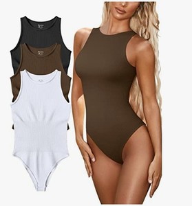 Combinaison moulante sans manches côtelée et élastique unie pour femme, style décontracté et sexy, idéale pour la plage - Product Image 4