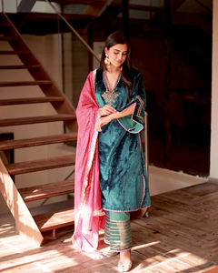 Customizable Traditional Pakistani Fancy Embroidered Velvet Straight <b>Kurta</b> Pant Women's Readymade Salwar Kameez Special - Product Image 2