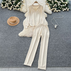 Traje informal de dos piezas para mujer, Top de manga larga con cuello y pantalones de cintura alta, conjunto de 2 uds barato para mujer - Product Image 2