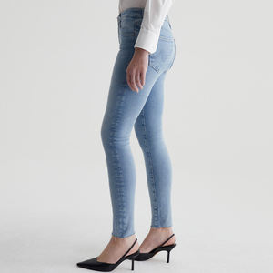 Jeans droits en denim super extensible indigo clair taille haute pour femmes OEM, respirants, broderie, franges, ourlet brut, longueur cheville, vente en gros - Product Image 5