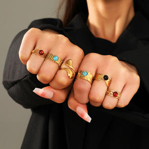 Simple estilo INS piedra natural piedra preciosa hueco ajustable anillo abierto 18K oro galvanizado Acero inoxidable al por mayor - Product Image 4