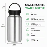 Bouteille d'eau portable en acier inoxydable SUS304 de 1050 ml pour camping et randonnée, compatible feu ouvert, avec large ouverture et tasse détachable