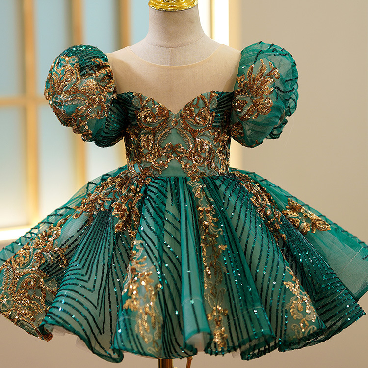 2022 тюлевые платья с пышными рукавами и блестками для девочек с зелеными цветами, свадебное платье принцессы, нарядное платье для маленьких девочек, одежда для малышей