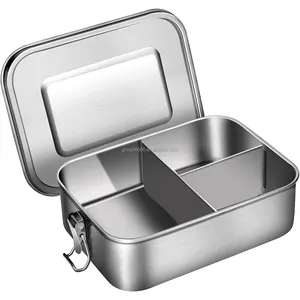 Trio Stainless Steel Lunch Container Three Section Design for Sandwich and Two Sides Metal Bento Lunch Box Stainless Lid