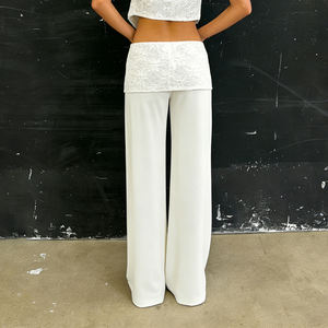 Women's Solid Color <b>Lace</b> Patchwork <b>Elastic</b> Waist Regular Fit Straight Leg Casual Knitted Comfort Summer Pants - Product Image 5