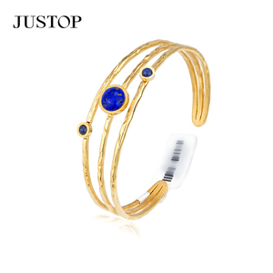Brazalete JUSTOP de Acero Inoxidable Chapado en Oro con Incrustaciones de Piedra Natural Azul, Estilo Moderno, Joyería para Mujer - Product Image 1