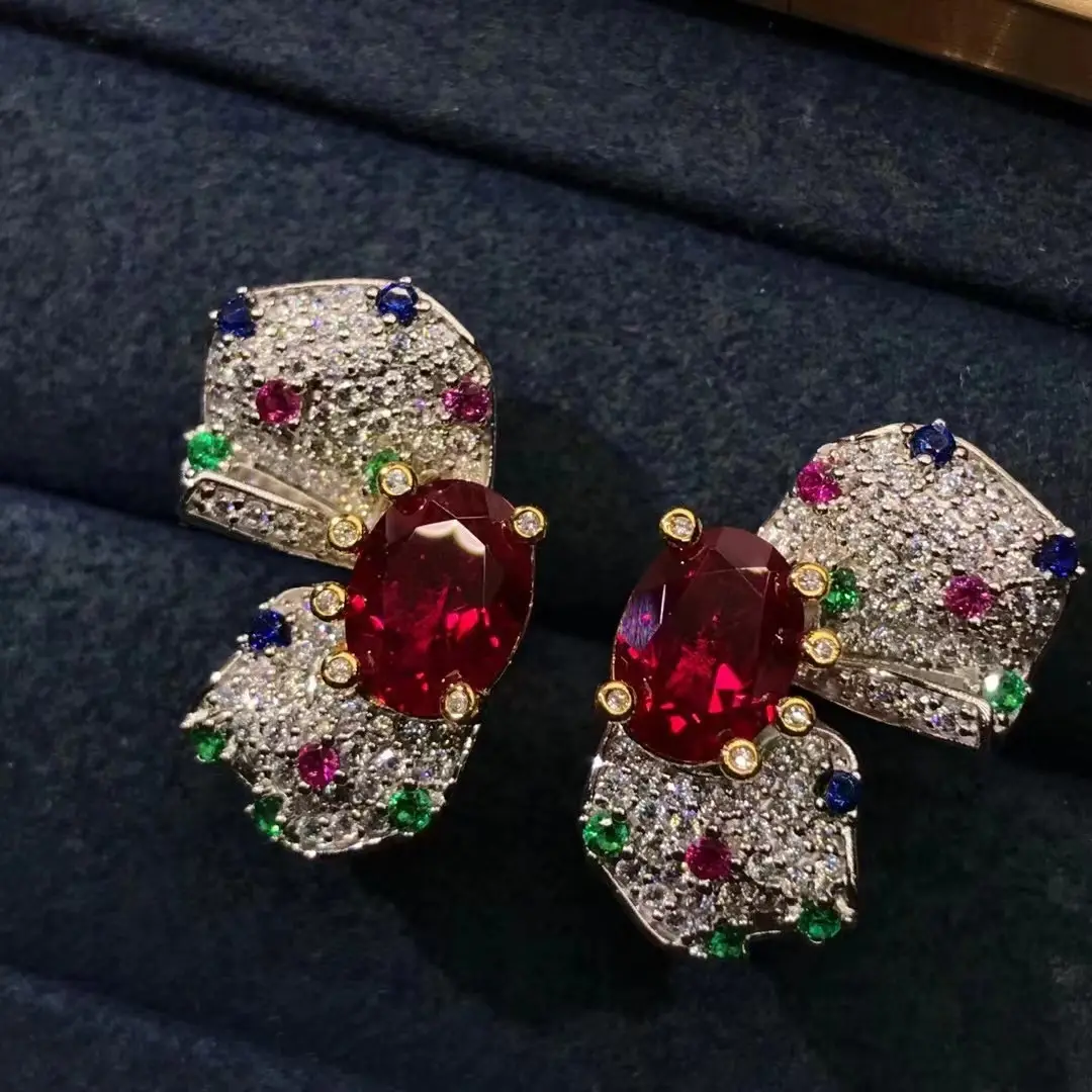 GEMS LADY Oval Cut Ruby Stud Earrings for Female Gift 2 Carat VVS Grade Flower Shape 3EX S925 Silver Women Anniversary Earrings
