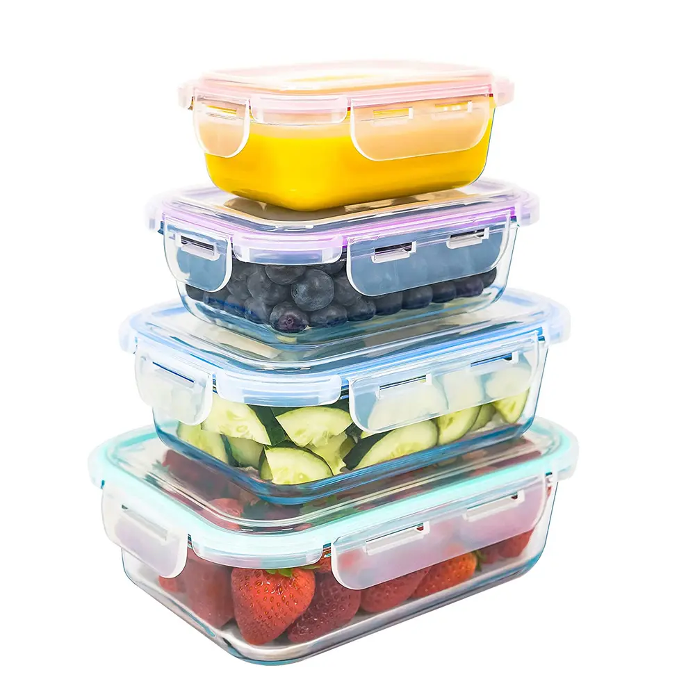 4 Pcs Mix Sizes Housewares High Borosilicate Reusable Glass Storage Food Meal Containers With Pplid /lunch Box