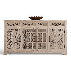 Carved Wooden <b>Sideboard</b> Console Cabinet Fluted Door <b>Storage</b> Buffet Natural Finish for Living Room Entryway - Product Image 1