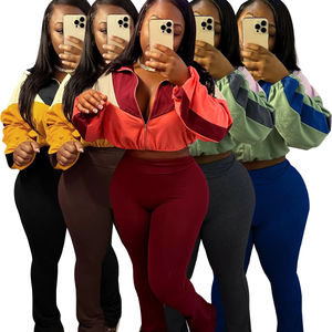 Herbst Frauen Outfits Kordel zug Patchwork Langarm Stehkragen Crop Jacke Lange Hosen Frauen Casual 2-teiliges Set - Product Image 1