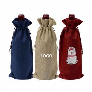 Bolsa de Embalaje para Botellas de Champán de Lino con Logotipo Personalizado al por Mayor, Funda para Vino Tinto de 750 ml con Cordón, para Navidad - Product Image 1
