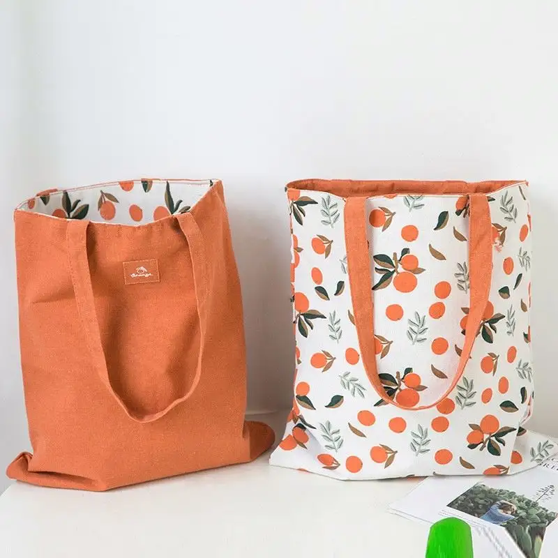 Tas bahu kanvas buah dua sisi penggunaan ganda tas saku Linen katun tas belanja tas jinjing kain kanvas wanita WF221102
