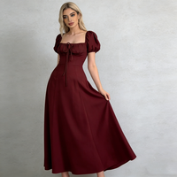 Robes pour femmes, style midi, décontractées, élégantes, pour les fêtes, les rendez-vous, le quotidien, en tissu tissé, coupe ajustée, col carré, manches bouffantes, détail de nœud, couleur bordeaux