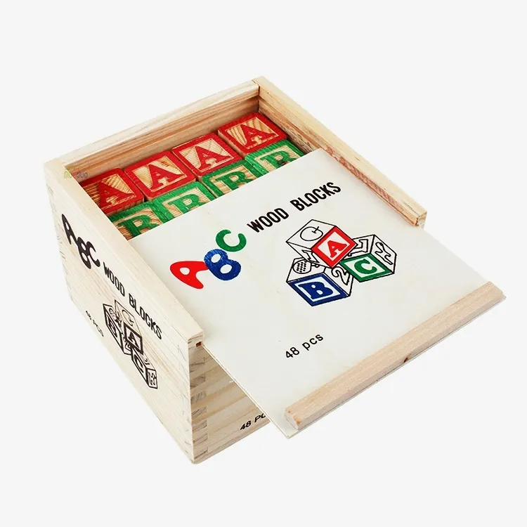Wholesale factory in stock wooden building toys with ABC letters printing montessori early education kids blocks puzzle