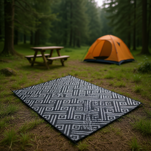 Alfombra de Camping Geométrica Reversible Negra y Gris de 9x12 Pies, Impermeable, Plegable, para Exteriores, con Bolsa de Transporte, para Uso en RV y Patio - Product Image 2