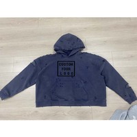 Sweat-shirt à capuche surdimensionné pour homme, personnalisé avec logo, effet vieilli, déchiré, court, épaules tombantes, style vintage, lavé, vente en gros