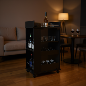 Carrito de Bar Depot E-SHOP con Puerta de Vidrio Negro, 2 Estantes Laterales, Diseño Moderno para Servir Bebidas - Product Image 2