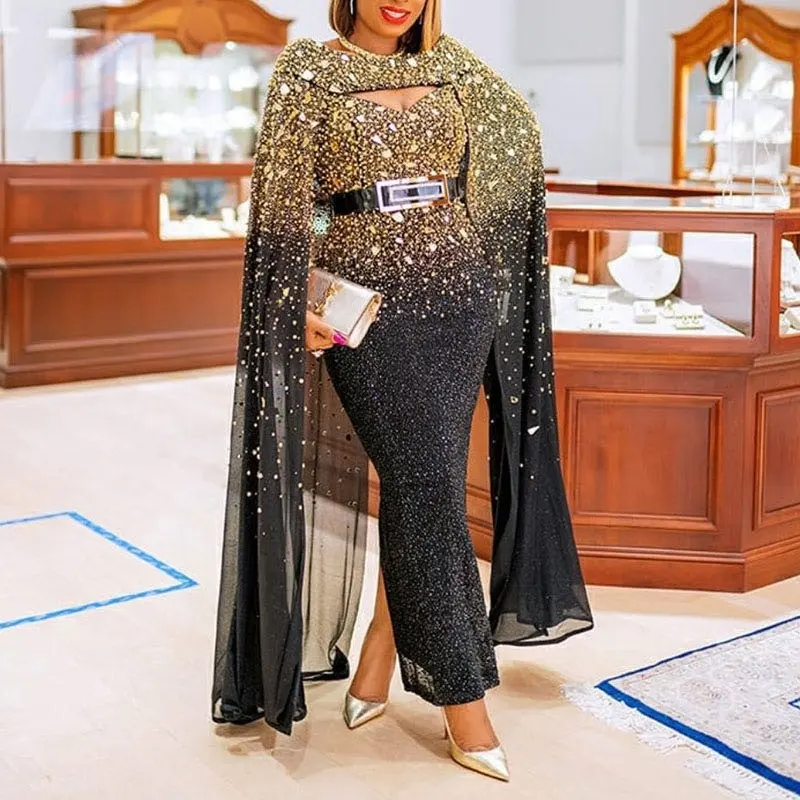 2022 African Sparkle Embroidered Sexy Cloak And Big Swing Dresses Female Rhinestone Long Sleeve Formal Evening Gown Party Dress