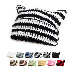 Tùy Chỉnh Ma Quỷ Sọc <span class=keywords><strong>Beanie</strong></span> <span class=keywords><strong>Hat</strong></span> Với Dễ Thương Mèo Tai Sừng Dệt Kim Mũ Len 100% Bông Mùa Thu Slouchy Beanies - Product Image 1