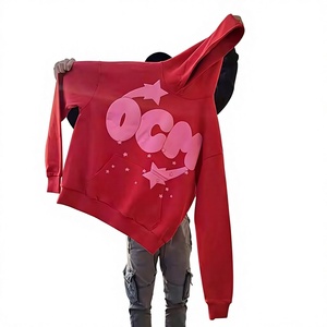 Custom <b>Red</b> Oversized Hooded <b>Sweatshirt</b> With Star Print Front Pocket Casual Unisex Knitted Cotton Autumn Wear - Product Image 1