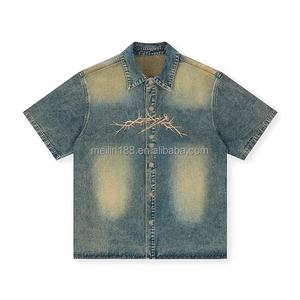 Produttore di abbigliamento personalizzato in Denim Crop Top Box Fit con Zip camicie di <span class=keywords><strong>Jeans</strong></span> a maniche corte ricamate di alta qualità - Product Image 4