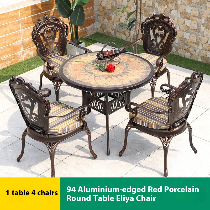 4 chaises eliya 1 table ronde en porcelaine rouge aluminium 94cm