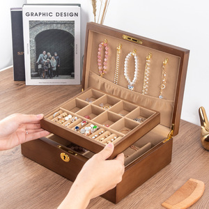 Boîte à bijoux en bois massif, organisateur de rangement à double couche avec compartiments pour collier, boucles d'oreilles, montre, bracelet, style chinois - Product Image 2