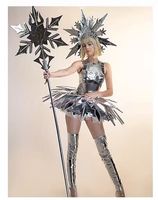 Costume LED Lumineux Reine des Neiges Argentée, Tenue Futuriste Flocon de Neige Miroir pour Performance Gogo en Boîte de Nuit