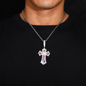 Alta Qualidade 925 Sterling Silver Ouro/Prata Banhado Hip Hop Colorido Zircão Trigo Cruz Moissanite Pingente Vintage Versátil - Product Image 4