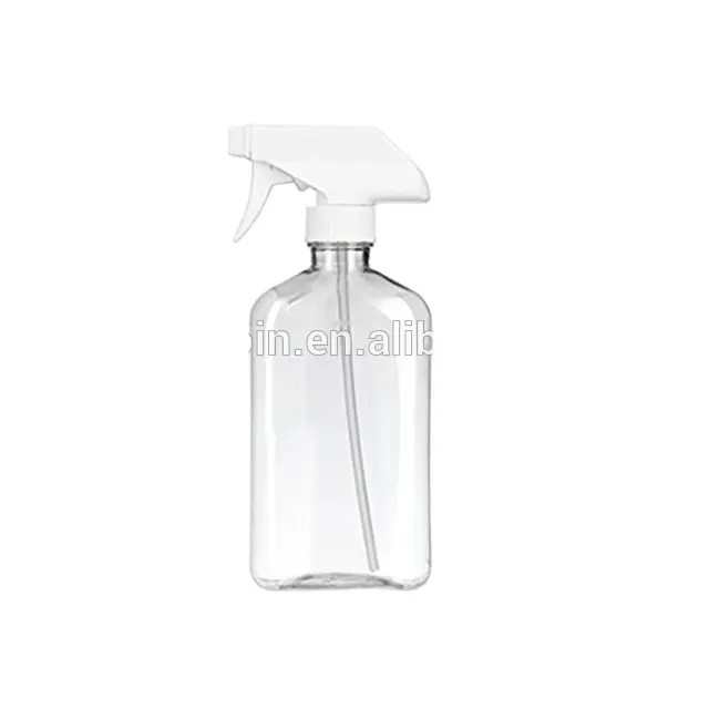 Empty 16oz Clear PET Plastic Oblong Flask Style Refillable Bottle with White Trigger Sprayer