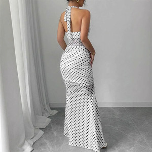 Robe élégante à bretelles spaghetti, dos nu, imprimé numérique à pois, en nylon et élasthanne 40D, taille froncée avec cordon de serrage, coupe sirène pour femme - Product Image 4