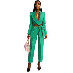 Alta qualità <span class=keywords><strong>estate</strong></span> <span class=keywords><strong>Casual</strong></span> moda <span class=keywords><strong>donna</strong></span> abiti da ufficio eleganti Top a maniche lunghe e pantaloni a gamba dritta Set - Product Image 3