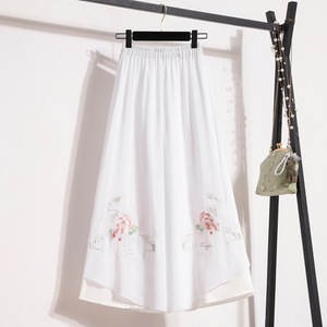 Chinese Style Chiffon Wide Leg Pants Light Blue White Embroidered Floral Elastic Waist Traditional Ethnic Women's Long Pants - Product Image 4