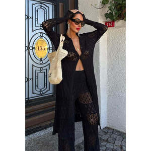 Cárdigan largo calado Bridget para mujer, tejido, de manga larga, estilo bohemio, transparente, negro - Product Image 6