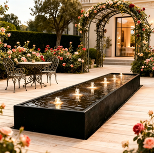 Fontaine d'eau rectangulaire de luxe en métal avec éclairage intégré pour décoration de jardin extérieur, montage sur terrasse, finition polie - Product Image 1
