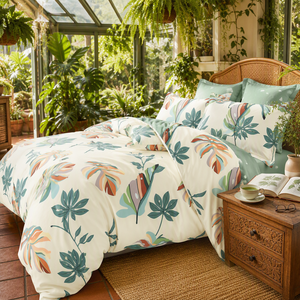 Juego de Ropa de Cama de Algodón con Estampado de Hojas Tropicales Monstera, Color Crema y Verde, para Venta al por Mayor y Dropshipping en la UE, 3 Piezas - Product Image 5