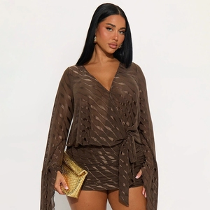 GHH10910- 2025 sonbahar yeni düz renk dalga <span class=keywords><strong>Net</strong></span> çapraz boynuz uzun kollu sırt çantası maruz kalça elbise - Product Image 2