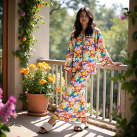 Ensemble de pyjama imprimé floral pour femme, manches longues, longueur intégrale, vêtements de nuit doux en tissu, décontracté d'été, avec boutons et col rabattable