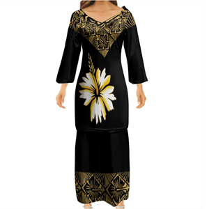 Vestido polinesiano con estampado de flores para mujer, conjunto de dos piezas con estampado de flores, Tongan Puletasi - Product Image 1