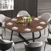 Table à manger ronde élégante et moderne en noyer, base en métal noir en forme de X, stable et polyvalente pour la maison et l'hôtellerie, écologique
