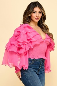 <span class=keywords><strong>Haut</strong></span> en mousseline douce et fraîche pour femme, col en V, manches <span class=keywords><strong>pagode</strong></span>, translucide, uni, teint en magenta, volants, taille smockée pour le printemps/été - Product Image 3