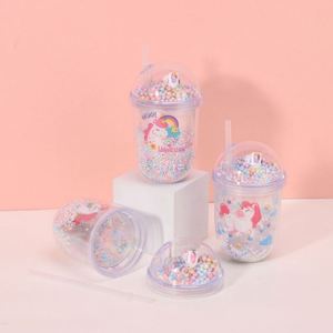 450ml All Transparent Double Wall Fantasy Unicorn Straw <b>Cup</b> with Pastel Color Bead Filled Dome Lid Mini Unicorn Figurine - Product Image 6